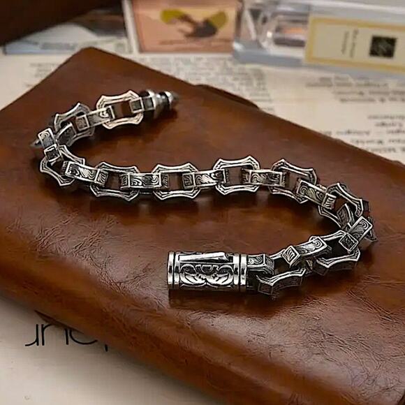 Stainless Steel Chain Link Bracelet, Mantra, Curb Hand Woven Engraved - Picture 7 of 7